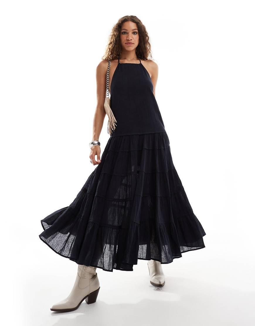 Square Neck Tiered Midaxi Dress In Black Product Image