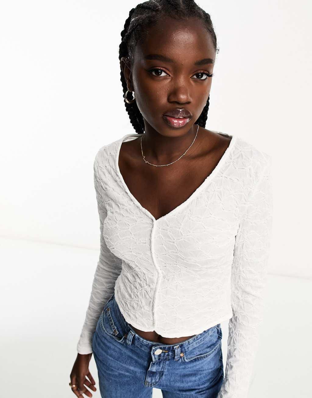 Urban Revivo textured button-up top on ivory-White Product Image