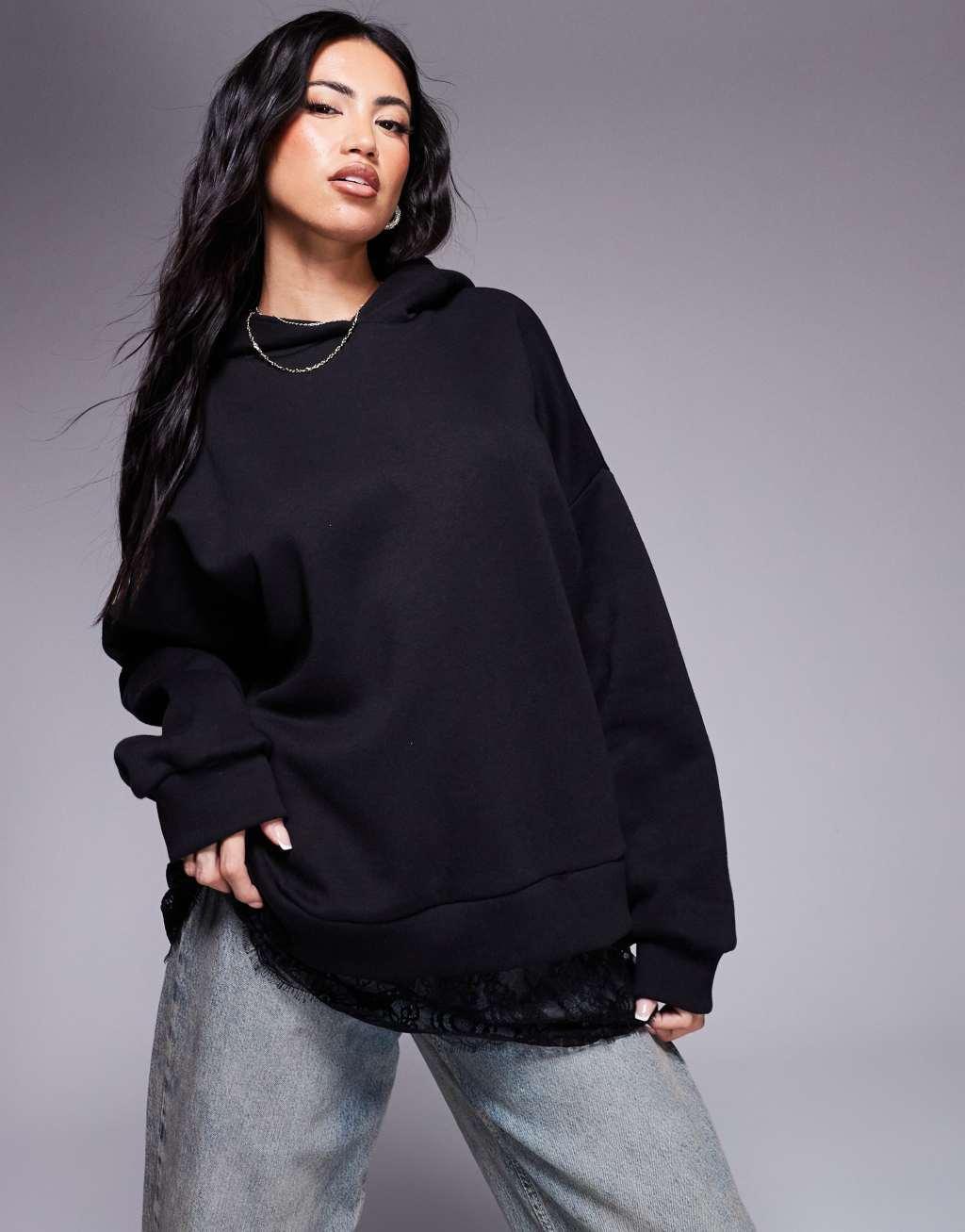 ASOS DESIGN oversized hoodie with lace insert in black Product Image