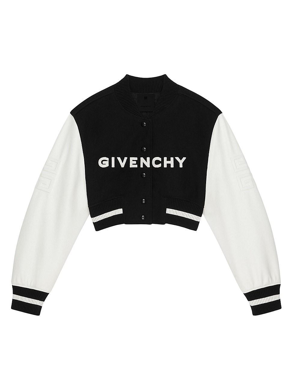 Givenchy Leather Sleeve Virgin Wool Blend Crop Varsity Jacket Product Image