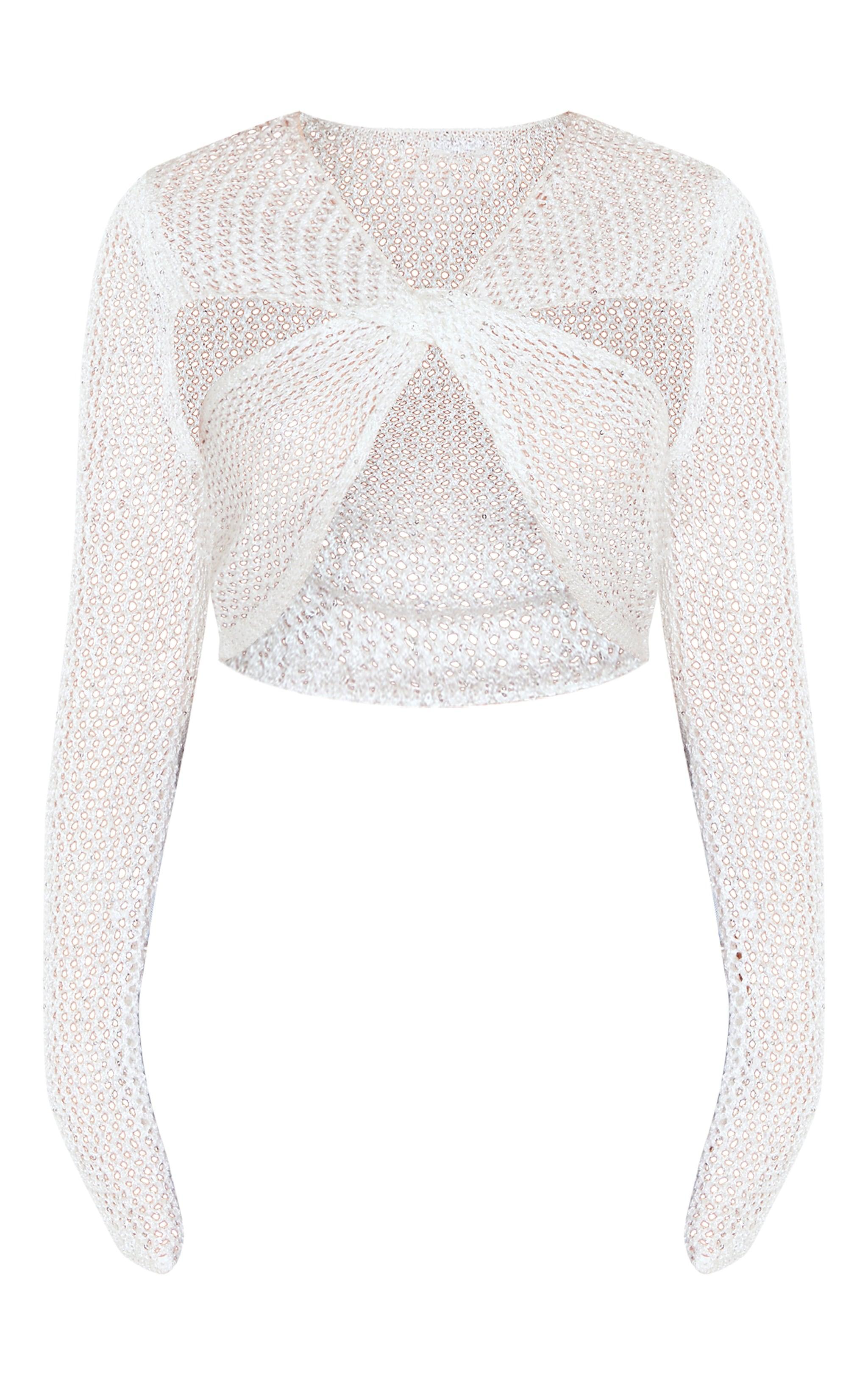 Petite White Sequin Knit Fold Over Crop Top Product Image