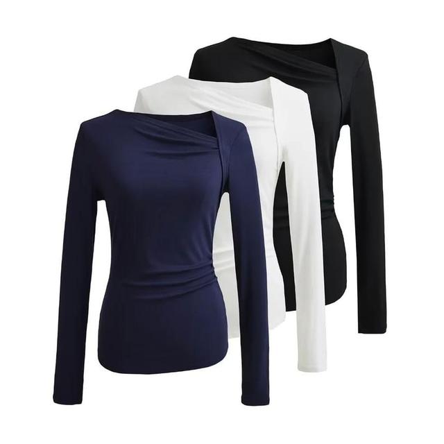 Long Sleeve V-Neck Plain Ruched Top Product Image