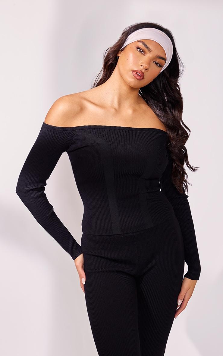 Black Bardot Rib Knit Long Sleeve Top Product Image