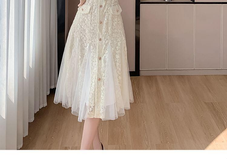 Long Sleeve V-Neck Lace Buttoned Midi A-Line Dress Product Image