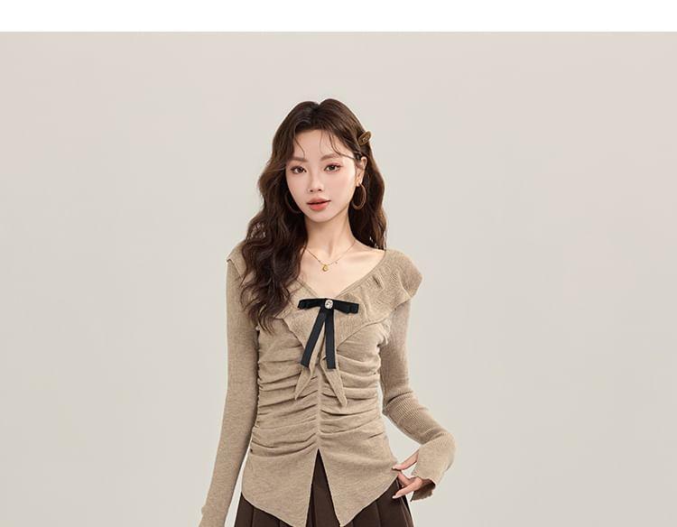 Long-Sleeve V-Neck Frill Trim Plain Top Product Image