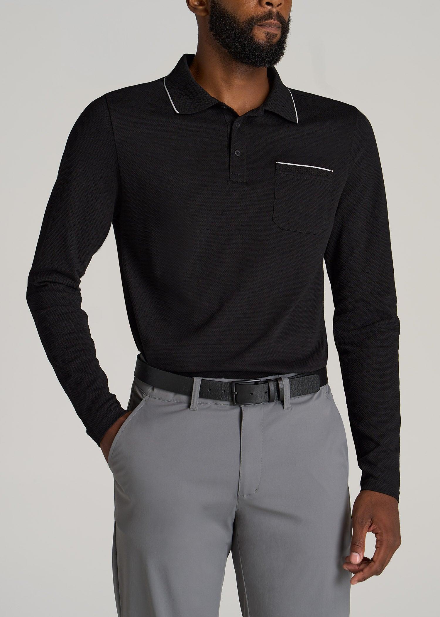 Long Sleeve Polo Shirt for Tall Men in Black & White Male Product Image