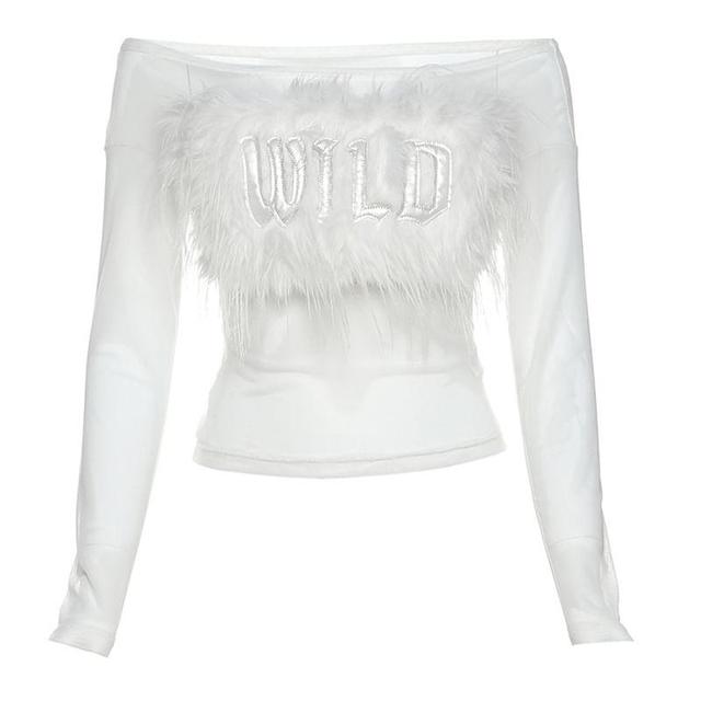 Long-Sleeve Off-Shoulder Letter Embroidered Fluffy Trim Cropped Tee Product Image