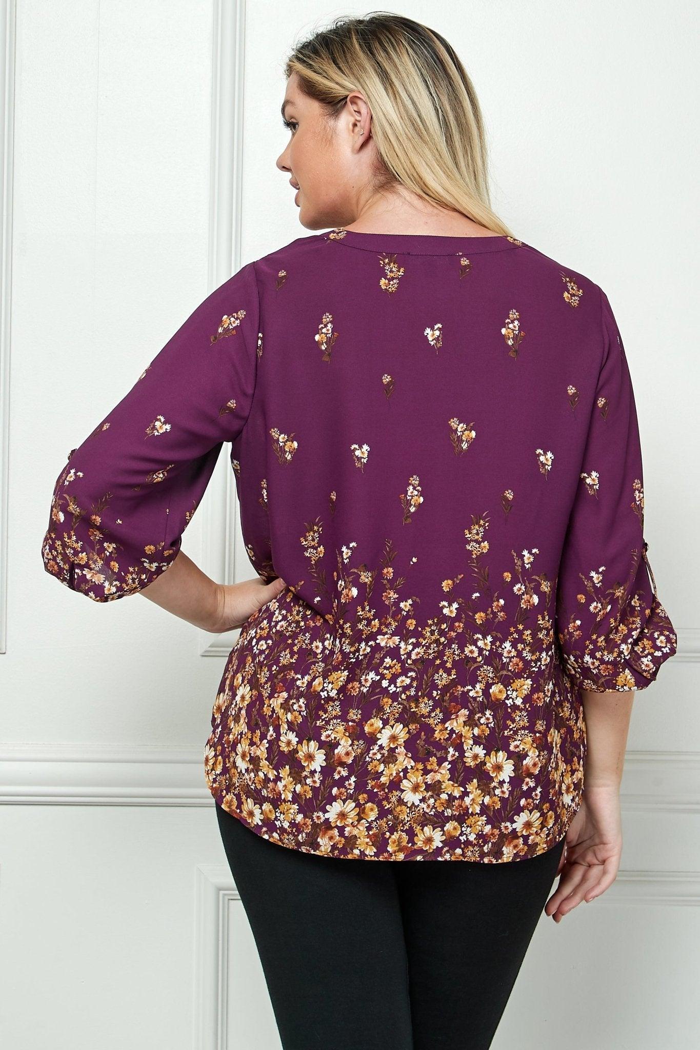 Plum 3/4 Button Tab Sleeve V Neck Popover - Plus Product Image