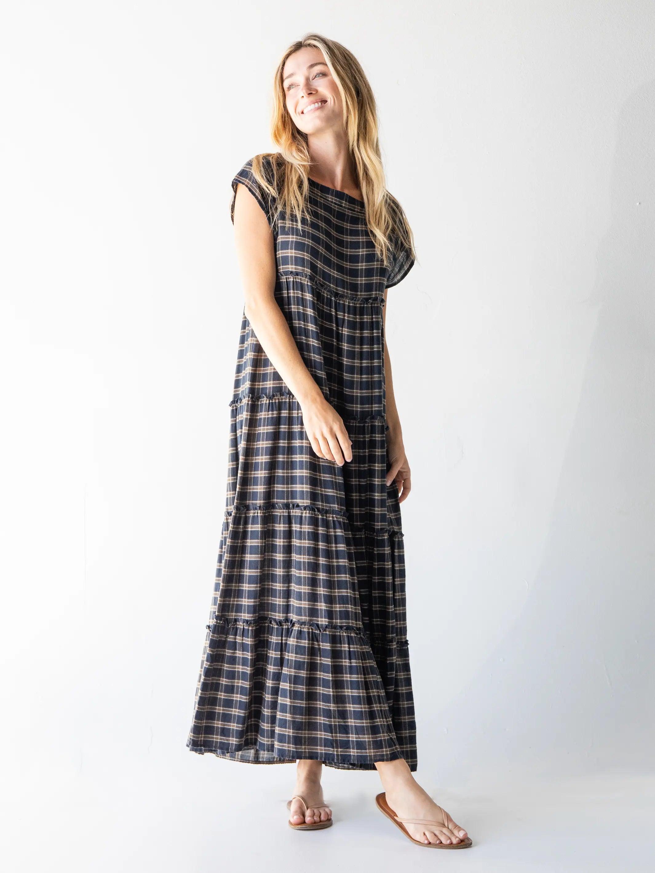 Plaid Berkley Maxi Dress - Navy Tan Plaid Product Image