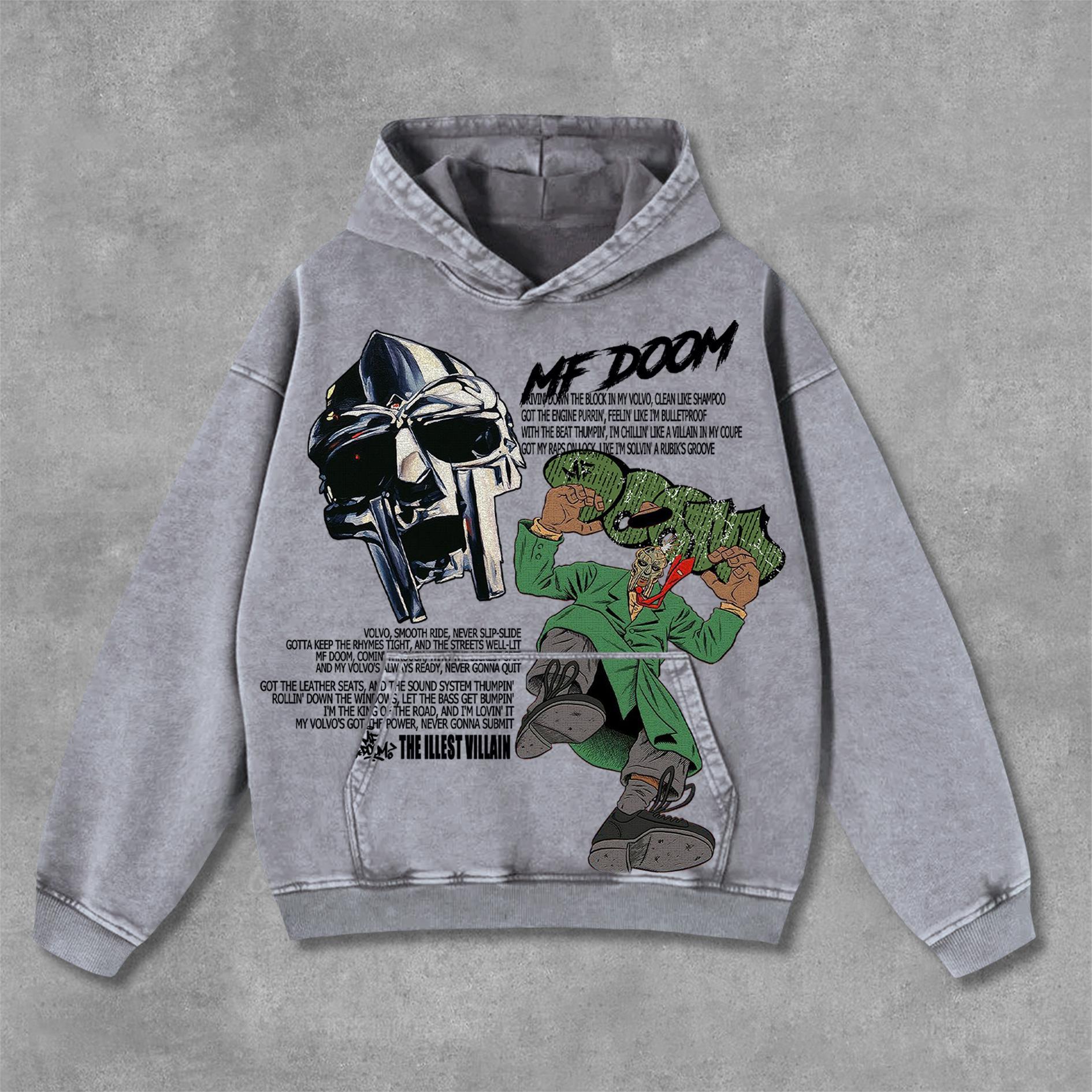 Vintage The Illest Villain Mf Doom Graphic Print Washed Distressed Pocket Hoodie Product Image