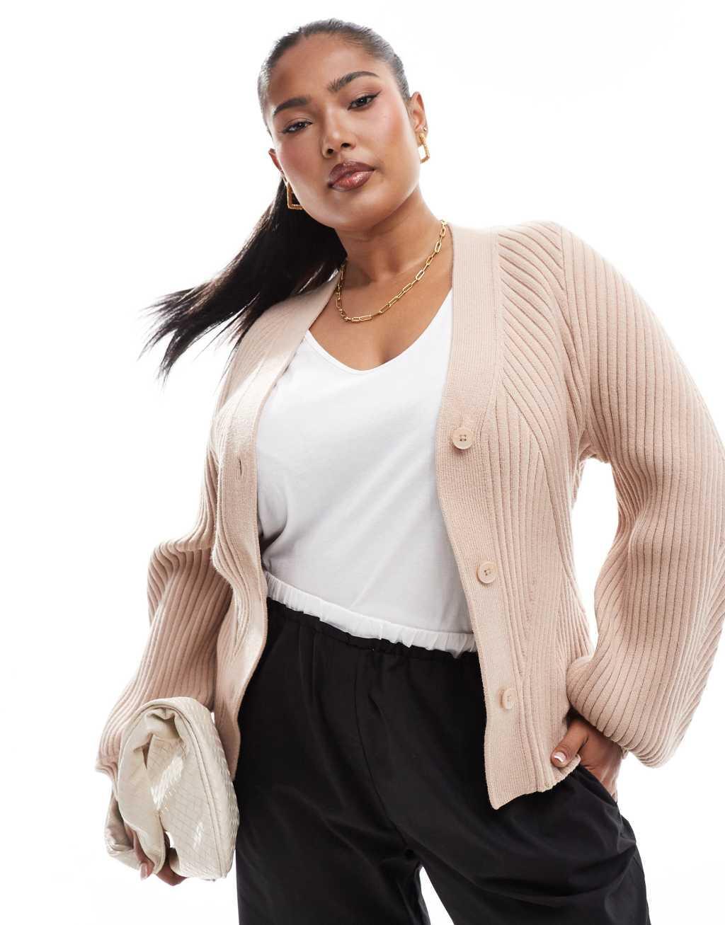 ASOS DESIGN Curve structured sleeve cardigan with rib detail in mocha Product Image