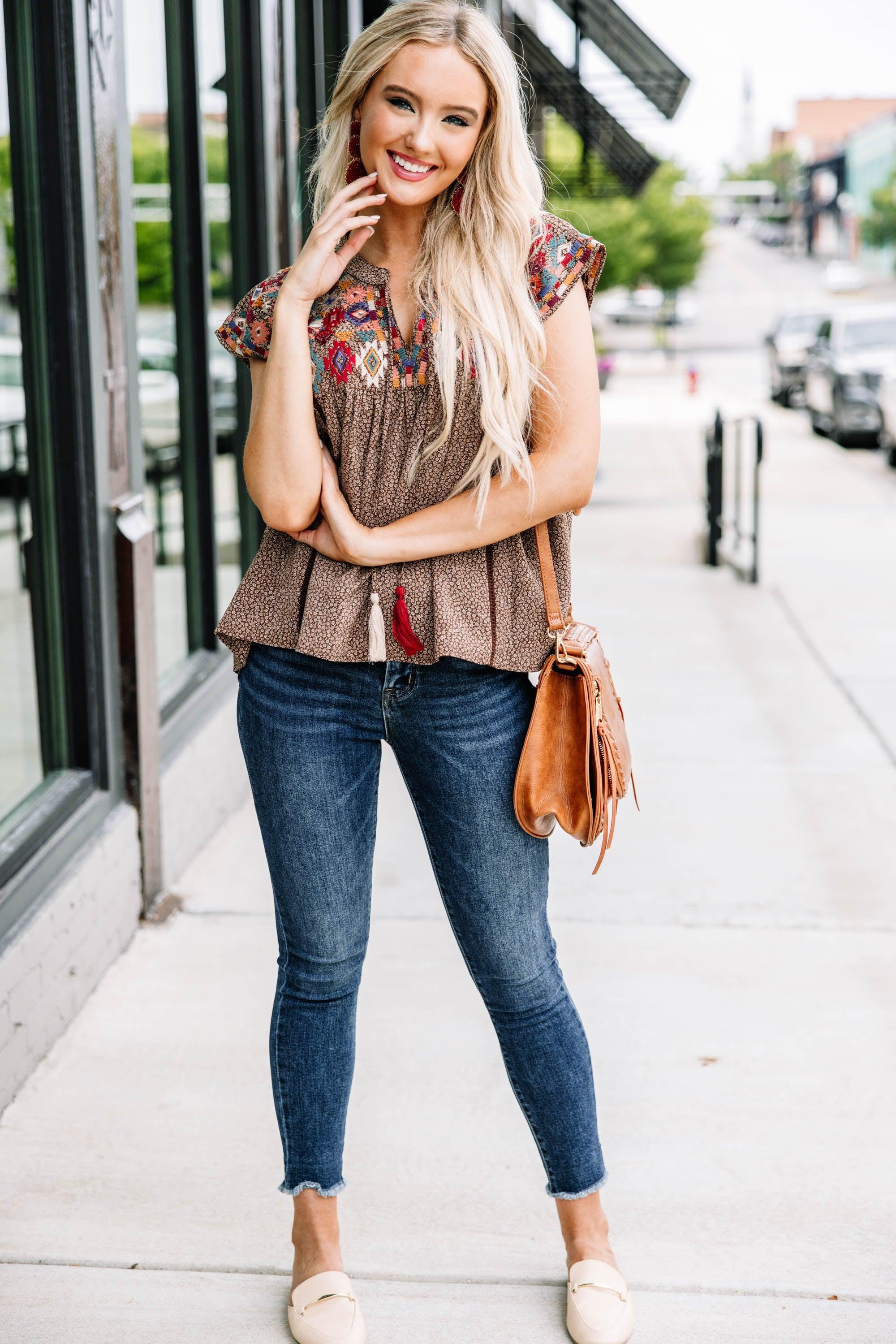 Here For The Journey Brown Embroidered Top Female Product Image