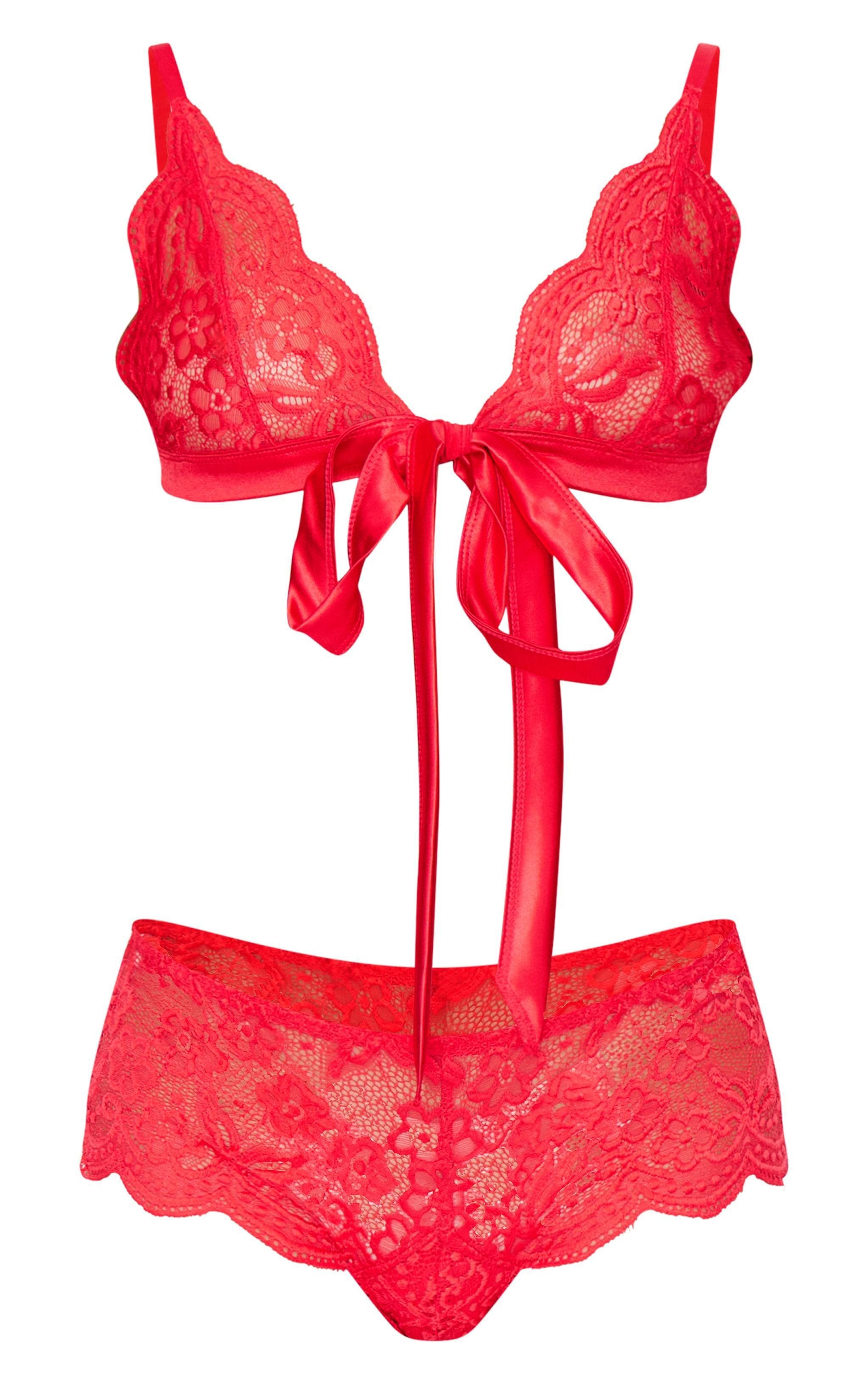 Red Lace Ribbon Tie Lingerie Set Product Image