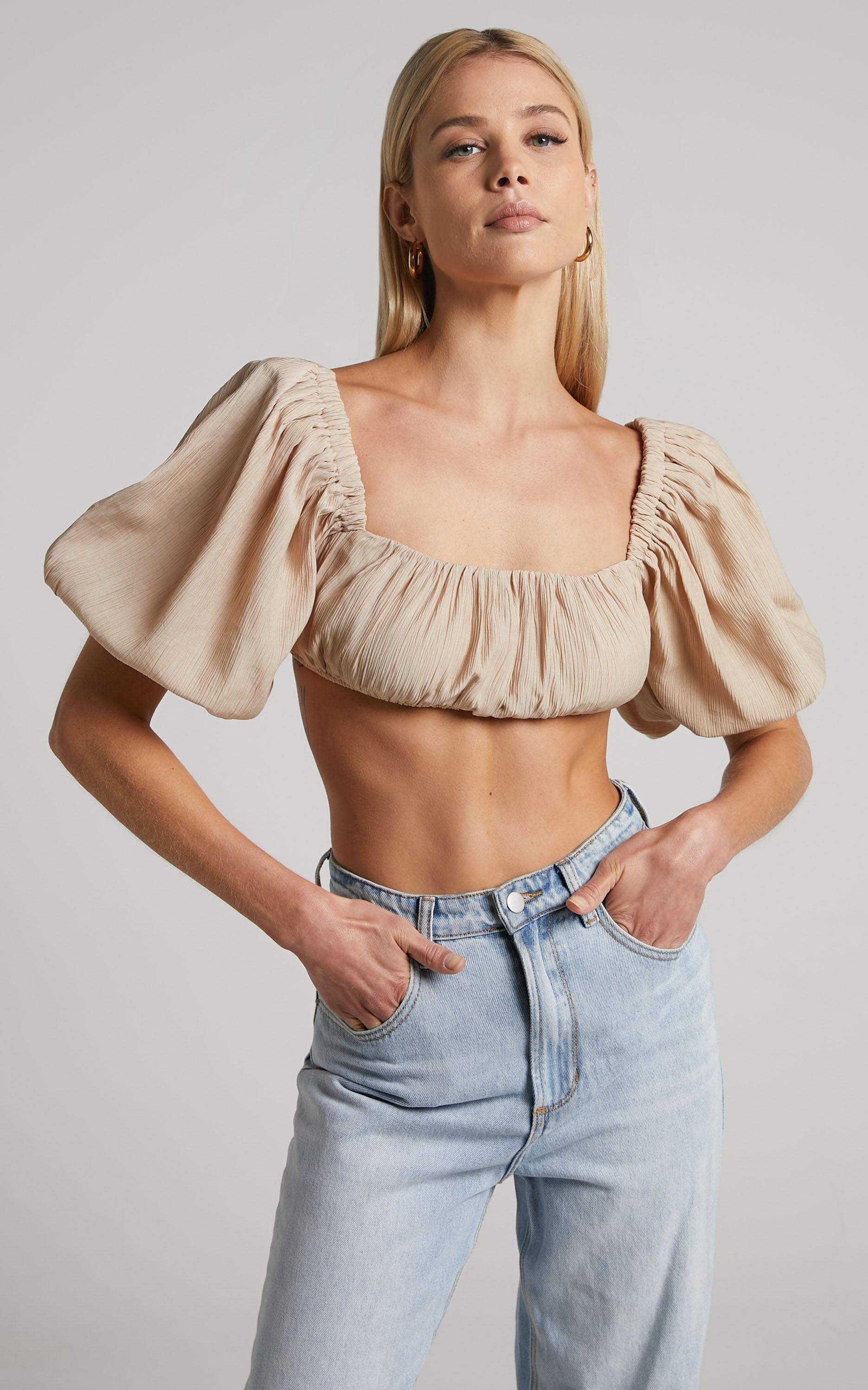 Dhalia Top - Ruched Puff Sleeve Crop Top in Sand Product Image