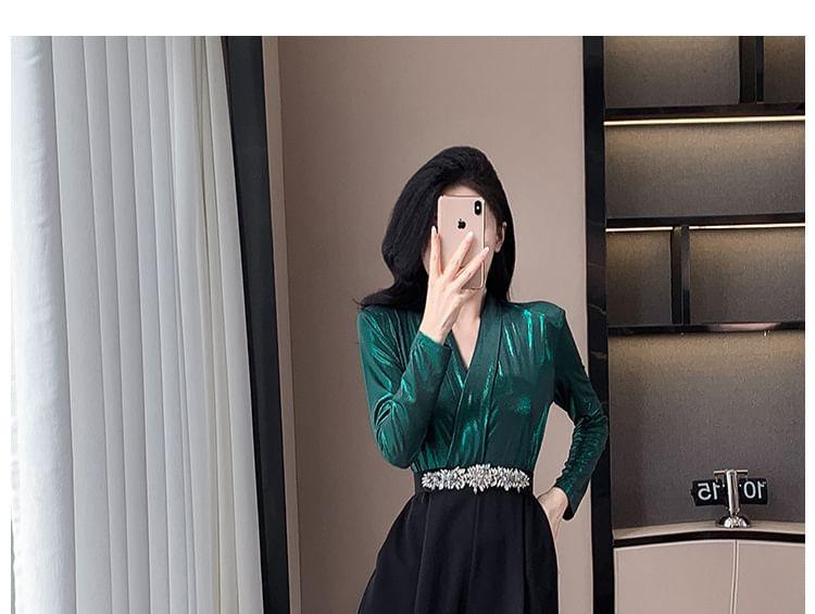 Long-Sleeve Faux Leather Wide Leg Jumpsuit Product Image