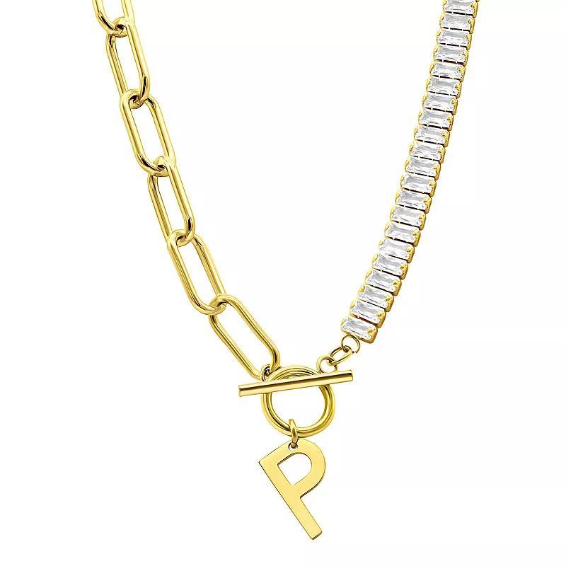 Adornia Gold Tone Half Crystal & Half Paperclip Initial Toggle Necklace, Womens Product Image