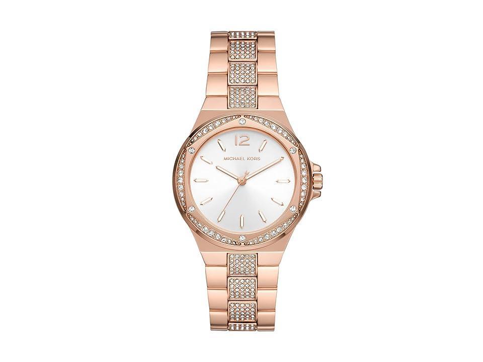 Michael Kors Womens Lennox Three-Hand Gold Stainless Steel Mesh Bracelet Watch Product Image