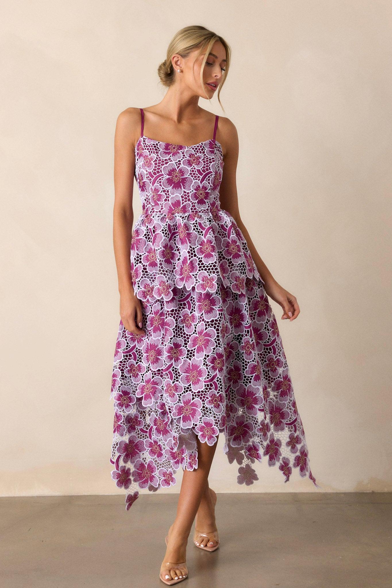 Glimpse Of Grace Light Plum Floral Embroidered Midi Dress Product Image