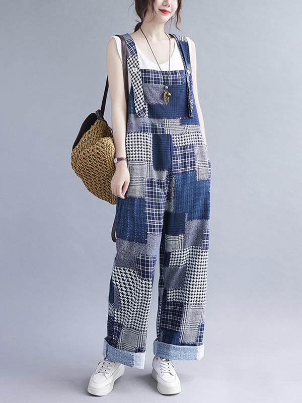 Artistic Retro Plaid Square-Neck Sleeveless Overalls Product Image