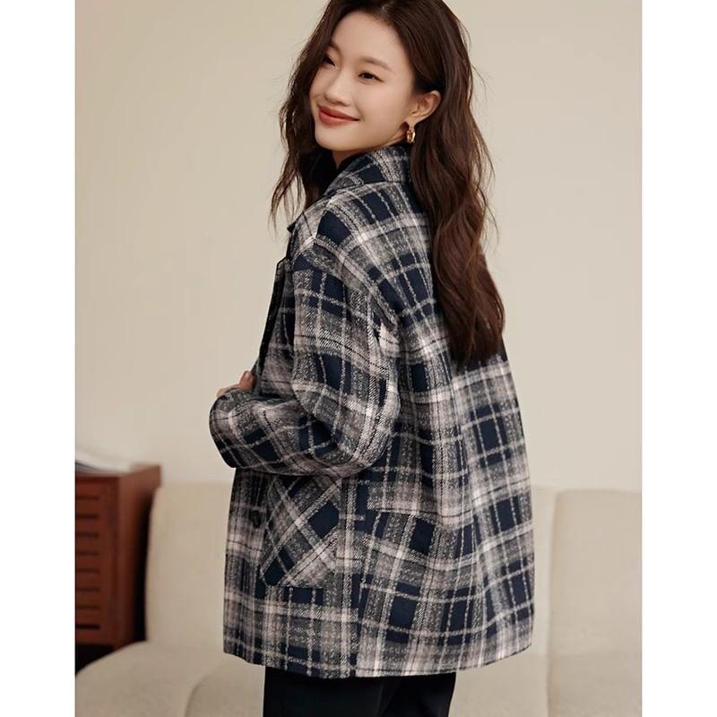 Lapel Collar Plaid Double-Breasted Oversized Blazer Product Image