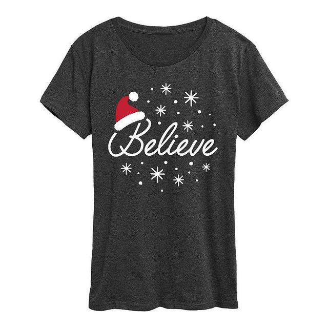 Plus Believe With Santa Hat Graphic Tee, Womens Grey Gray Product Image