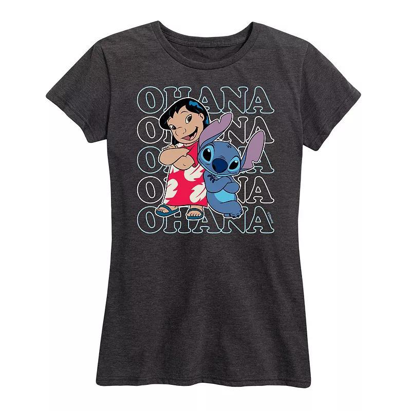 Disneys Lilo & Stitch Womens Ohana Repeated Graphic Tee Grey Blue Product Image