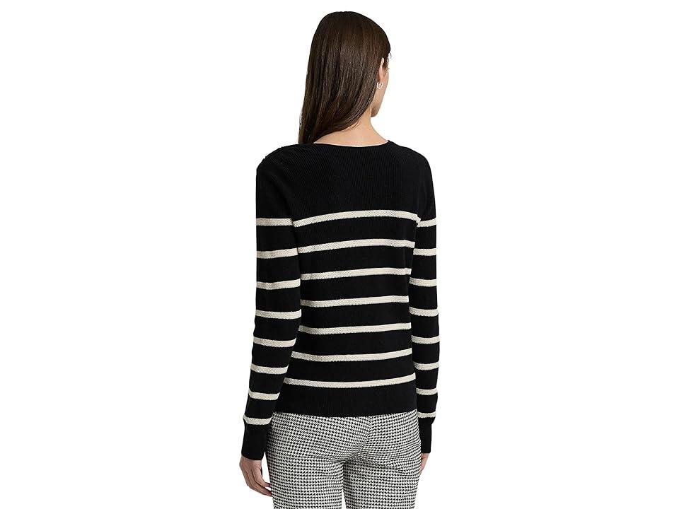 LAUREN Ralph Lauren Striped Combed Cotton Crewneck Sweater (Black/Mascarpone Cream) Women's Sweater Product Image