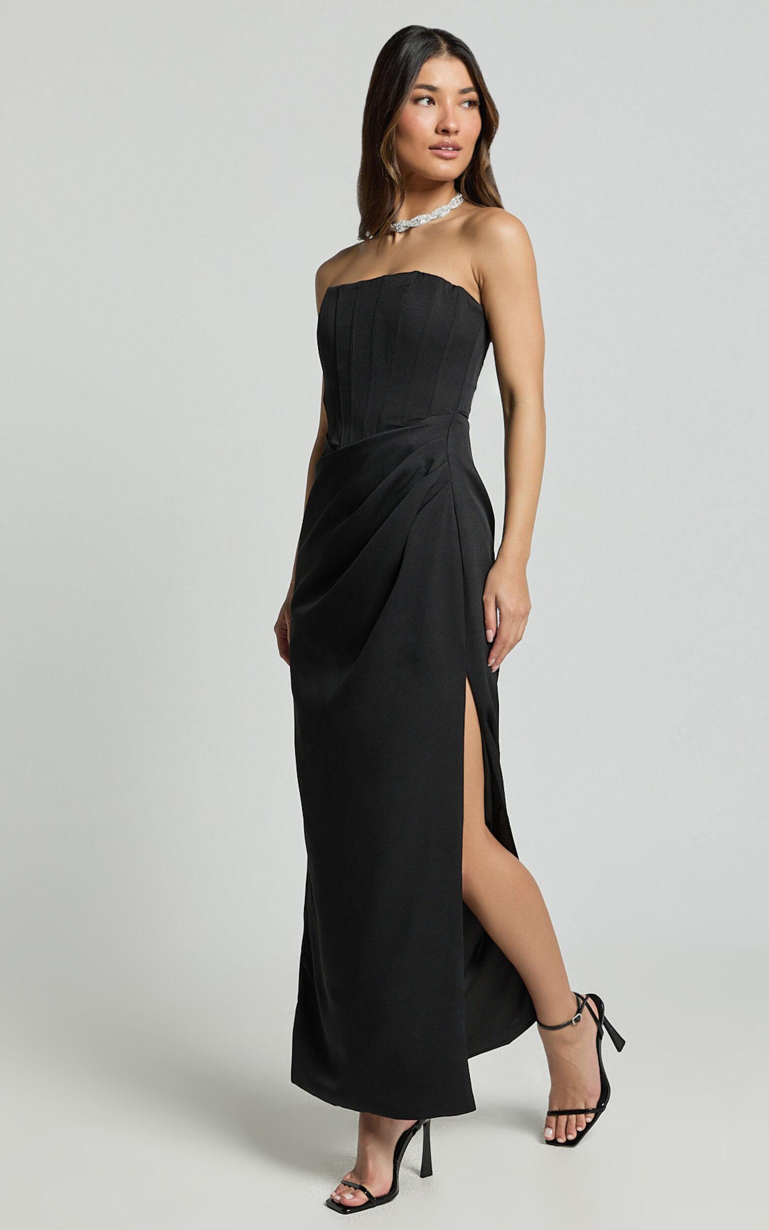 Avery Midi Dress - Strapless Draped Side Split Dress in Black Product Image