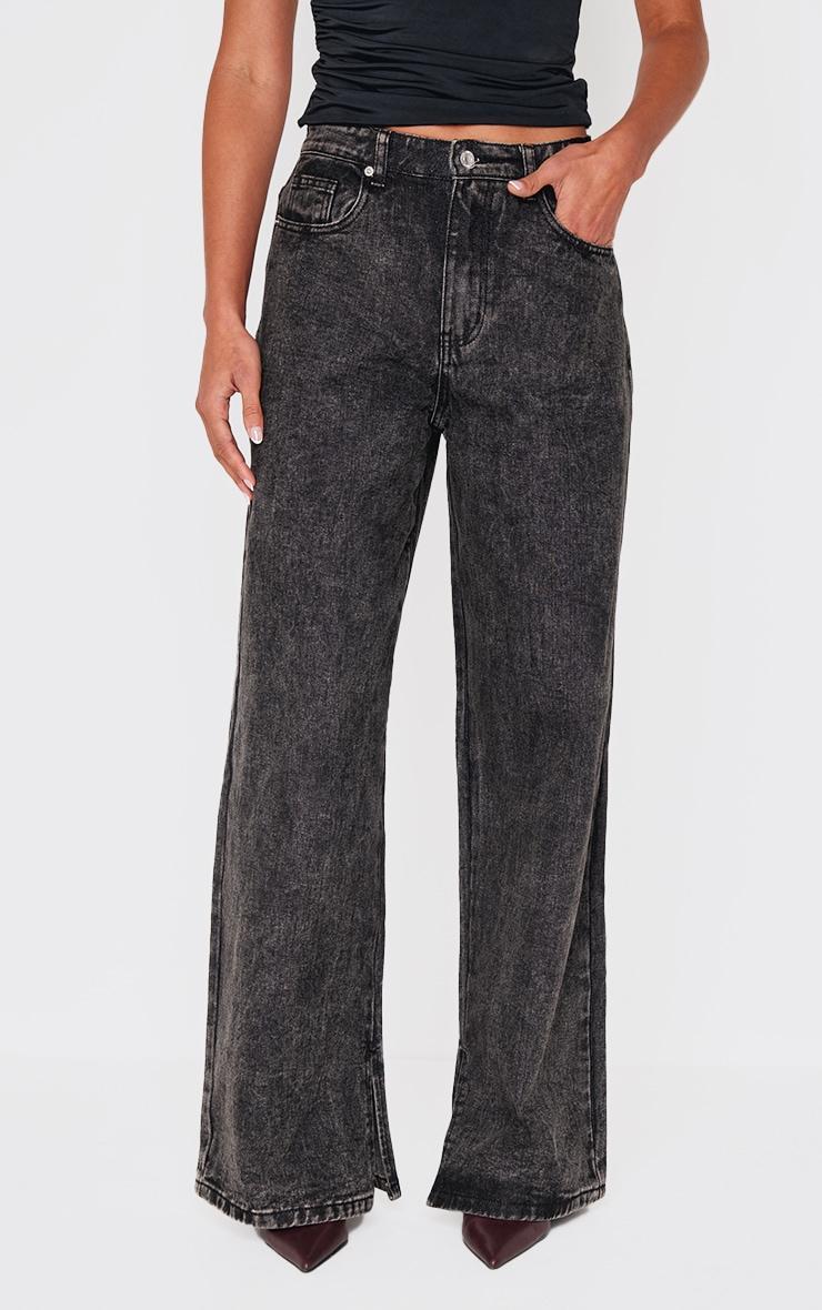 Dark Grey High Rise Split Hem Wide Leg Jeans Product Image