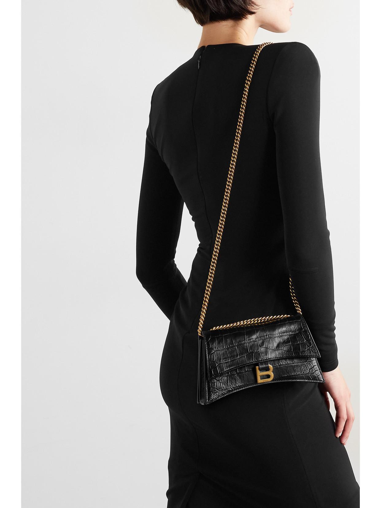 BALENCIAGA Crush Small Croc-effect Leather Shoulder Bag In Black Product Image