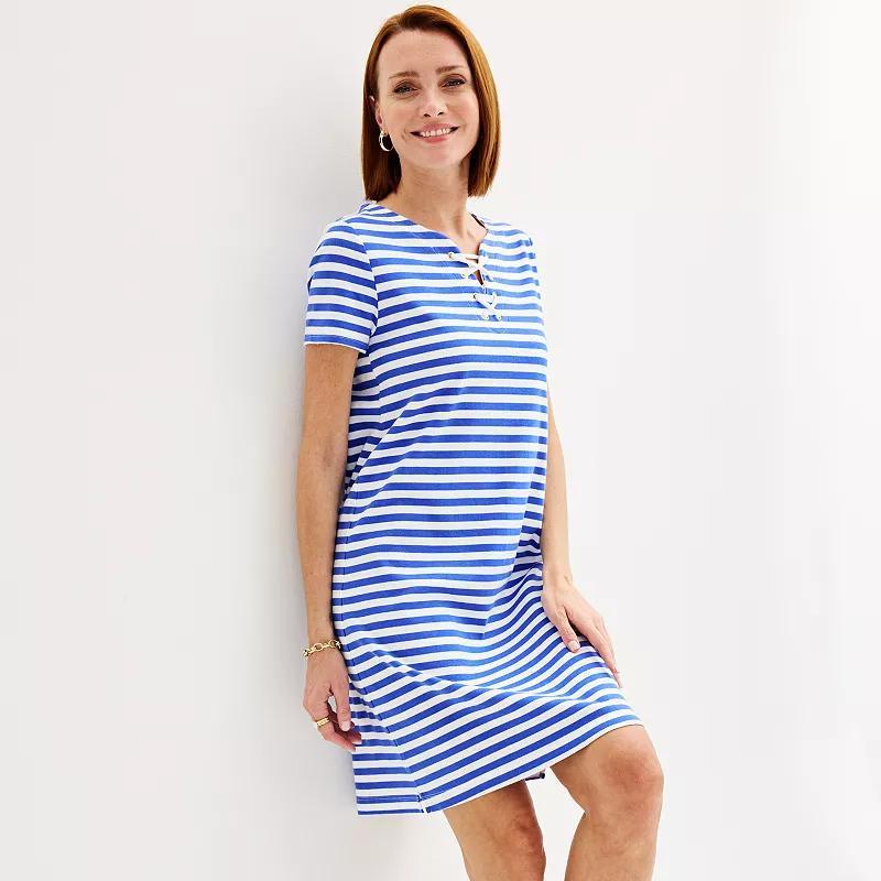 Womens Croft & Barrow Knit Lace-Up Neck T-Shirt Dress Blue Classic Stripe Product Image