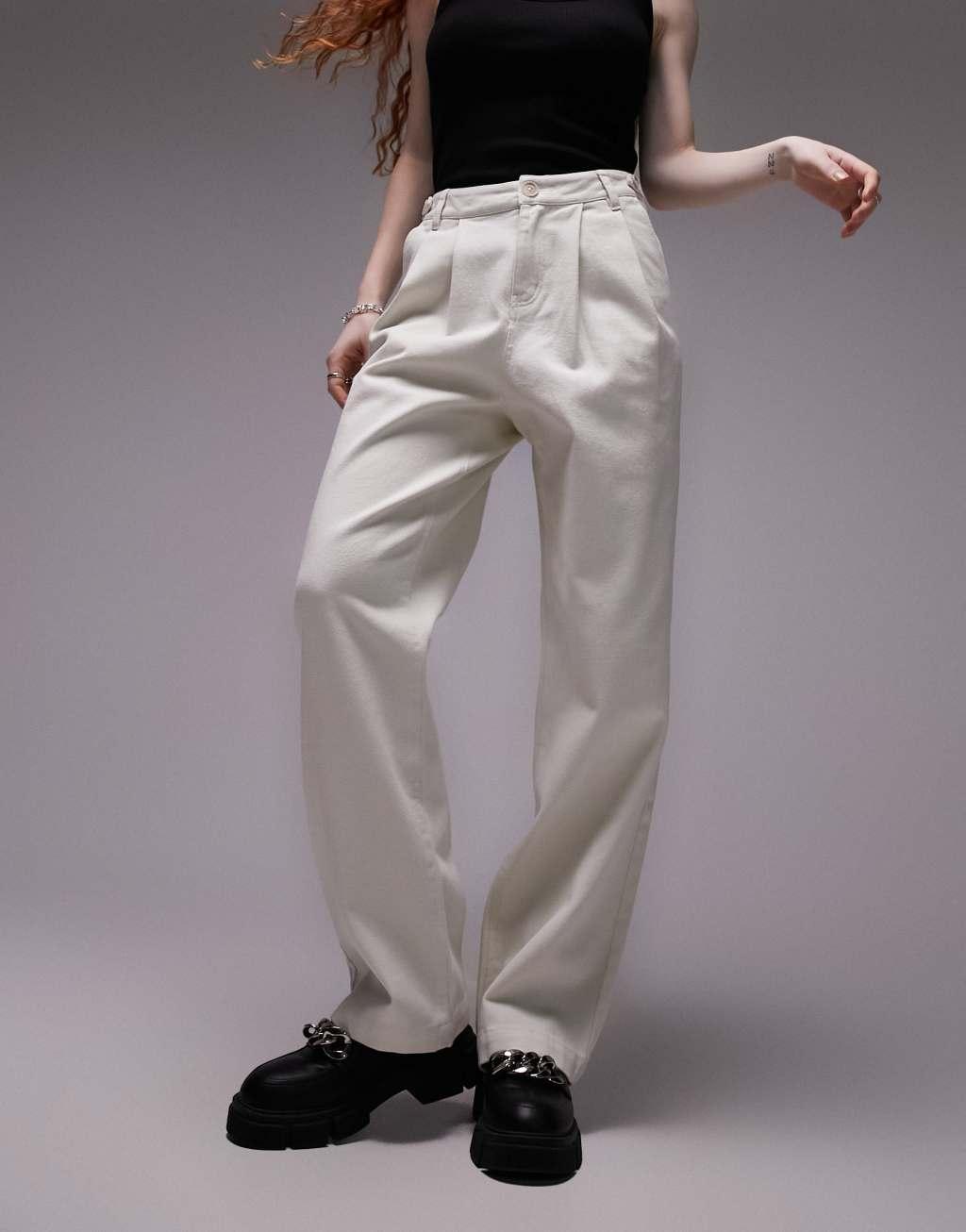 Topshop button tab detail straight leg pants in ecru product image