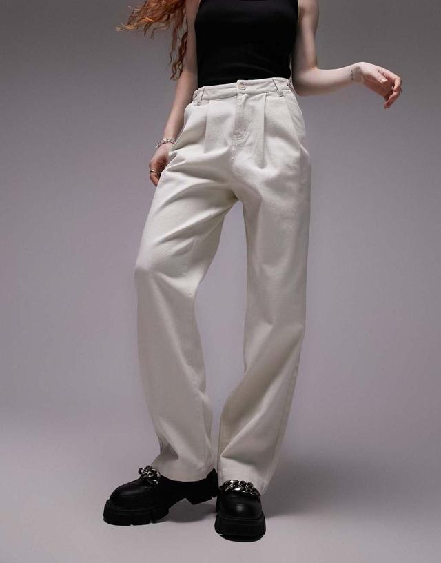 Topshop button tab detail straight leg pants in ecru Product Image