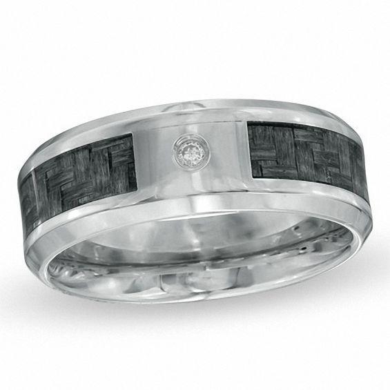 Men's 9.0mm Diamond Accent Solitaire Comfort Fit Wedding Band in Stainless Steel and Grey Carbon Fiber Product Image