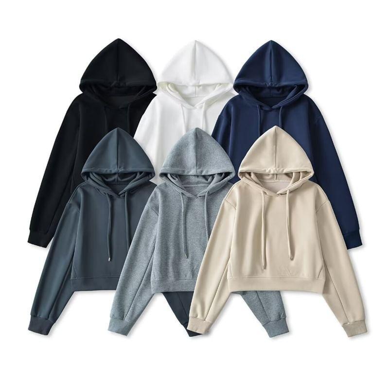 Drop Shoulder Drawstring Crewneck Plain Cropped Hoodie Product Image