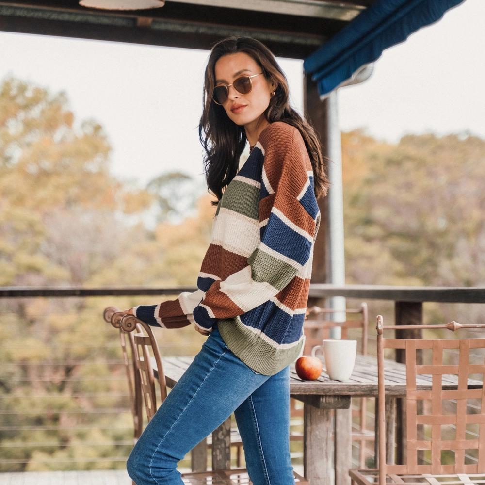 Women's Striped Drop Shoulder Sweater - Cupshe-L-Multicolored Product Image