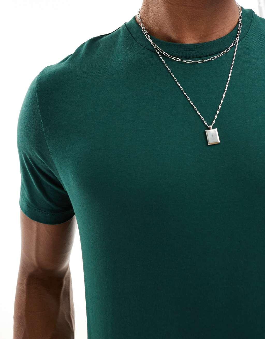 ASOS DESIGN 2 pack crew neck t-shirts in dark green and stone Product Image