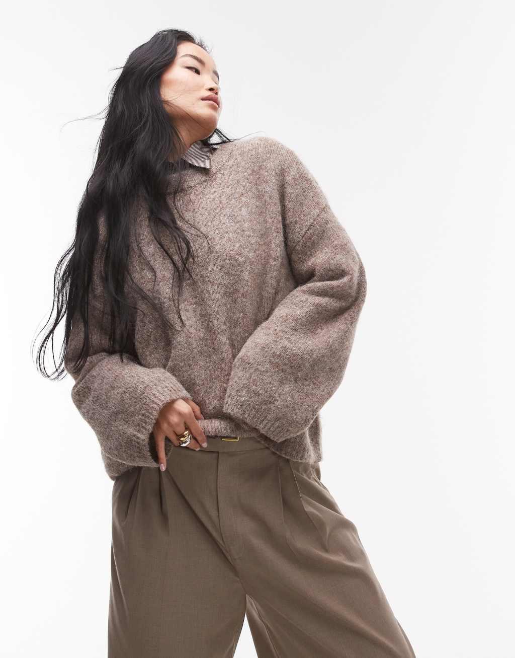 Topshop knit boxy fluffy crew neck oversized sweater in coffee Product Image