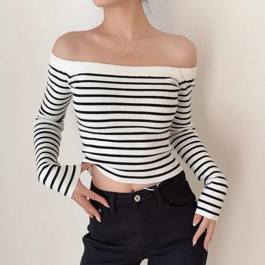 Long-Sleeve Off Shoulder Striped Crop Knit Top Product Image