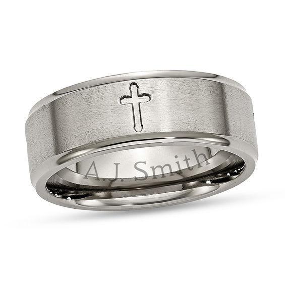 Men's 8.0mm Engravable Cutout Cross Wedding Band in Titanium (1 Line) Product Image