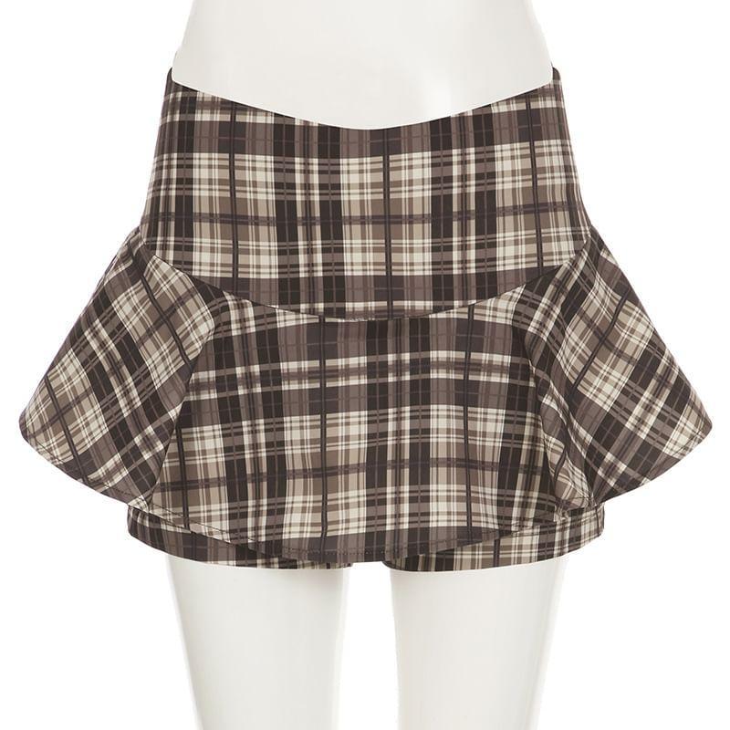 High Waist Plaid Ruffle Skorts Product Image