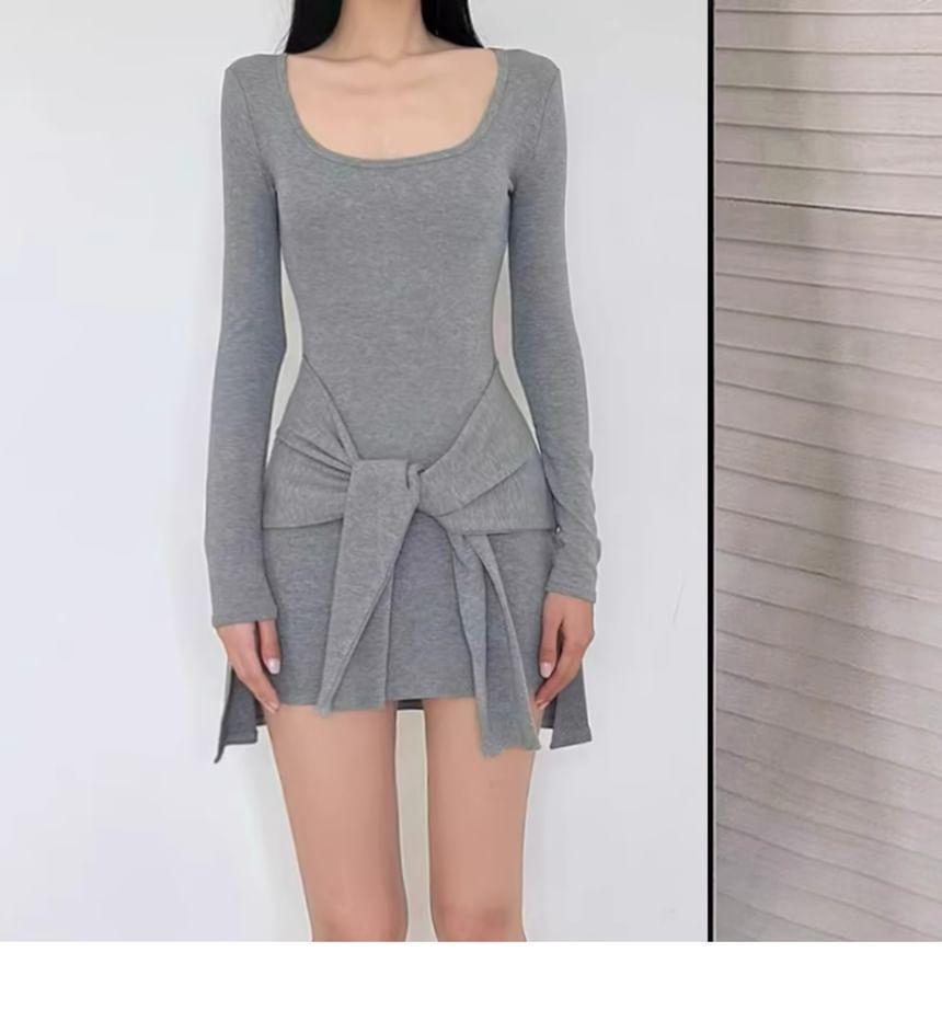 Long-Sleeve Scoop Neck Plain Tie Waist Mini Bodycon Dress Product Image