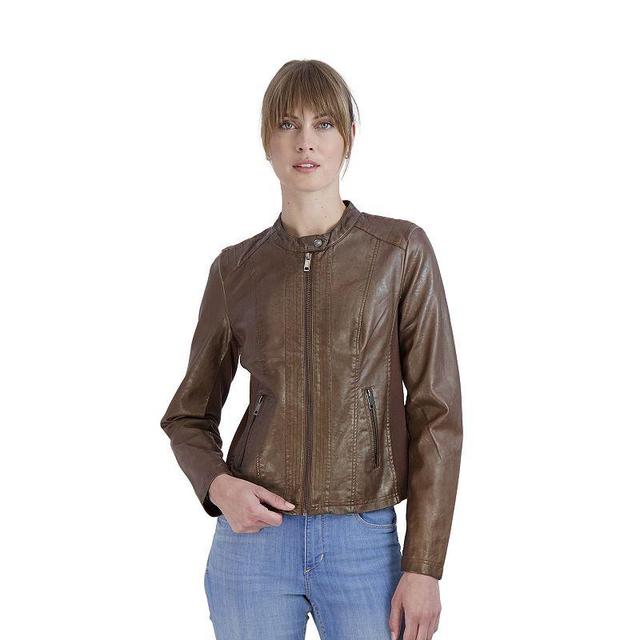 Womens Sebby Collection Faux-Leather Racing Jacket Beige Product Image