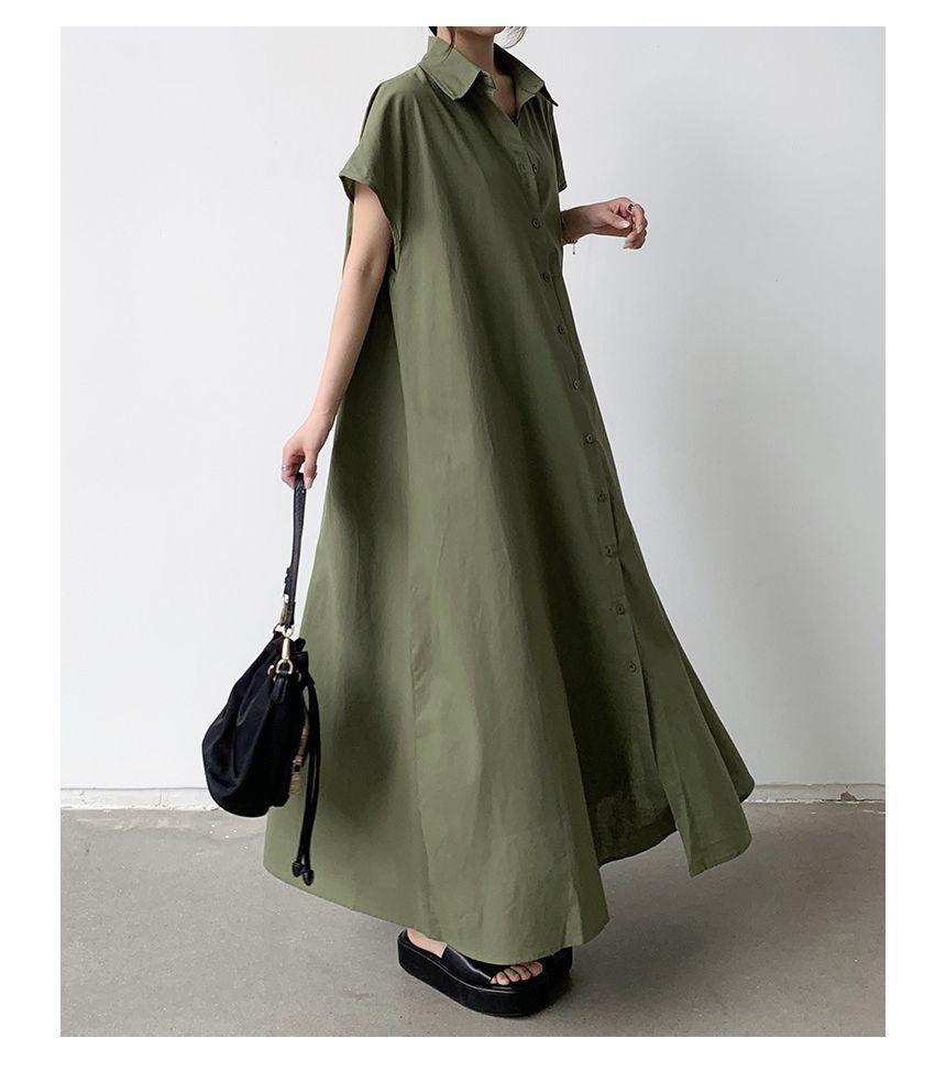 Short-Sleeve Collared Plain Maxi A-Line Shirt Dress Product Image