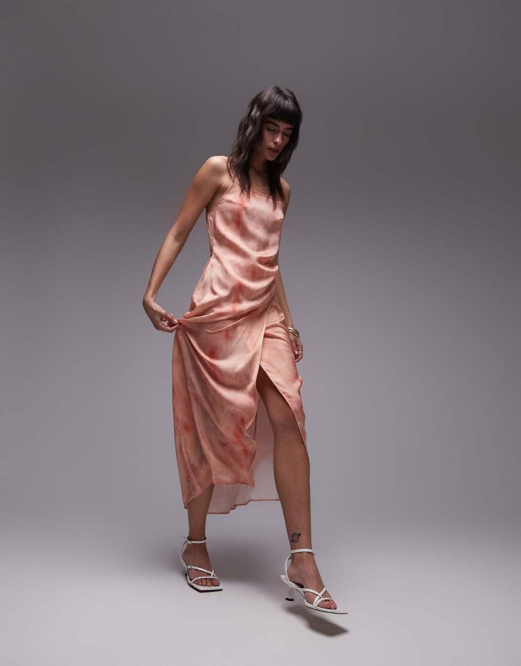 Topshop premium square neck wrap midi slip dress in dusty pink floral product image