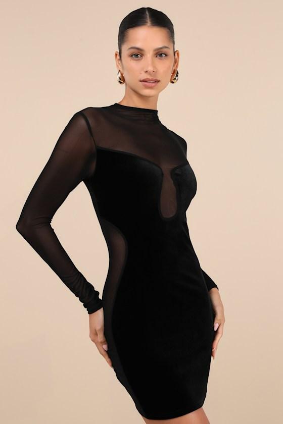 Irresistible Details Black Velvet Mesh Long Sleeve Mini Dress Product Image