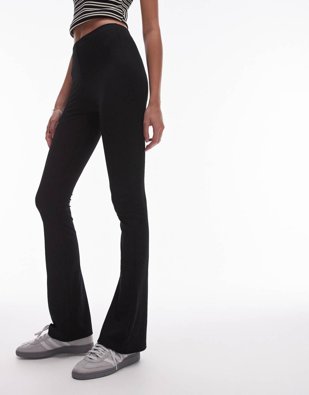 Topshop Tall skinny ribbed flared pants in black Product Image