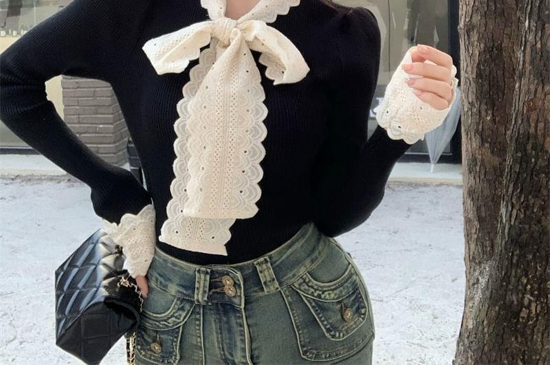 Long-Sleeve Tie-Neck Eyelet Lace Panel Slim Fit Crop Knit Top Product Image