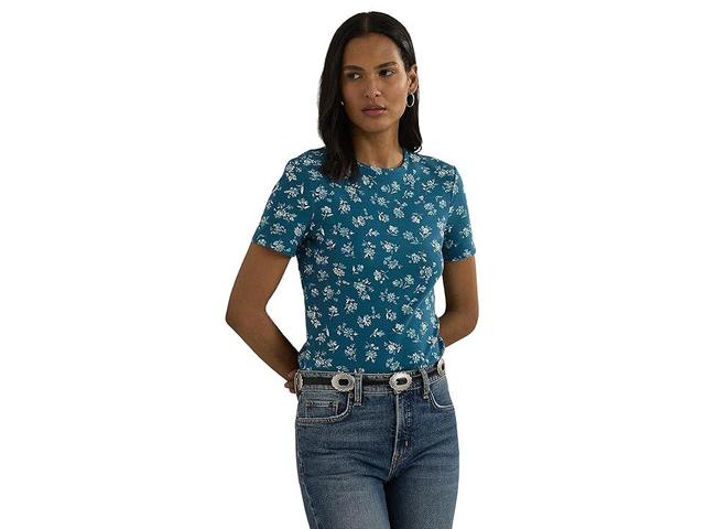 Lauren Ralph Lauren Floral Stretch Cotton Crewneck Tee (Indigo Multi) Women's Clothing Product Image