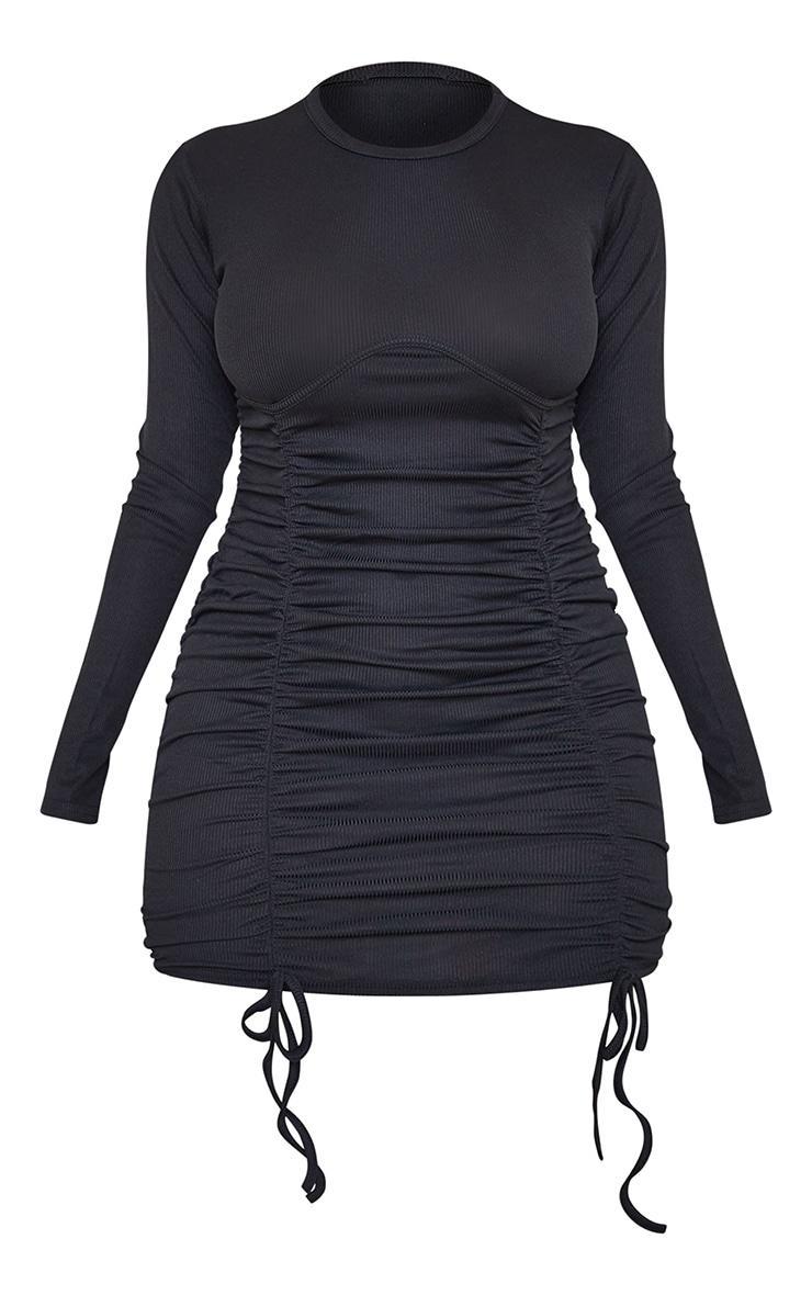 Shape Black Rib Underbust Detail Long Sleeve Ruched Bodycon Dress Product Image